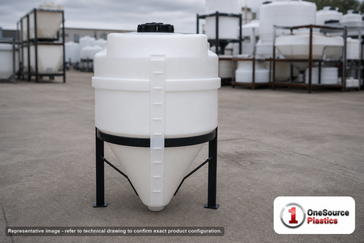 Snyder Industries 17 Gallon 60 Degree HDPE Cone Bottom Tank in White. 17 gallon capacity; Polyethylene; White; 24" H x 19" W