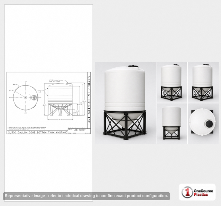 Dimensional spec drawing for Snyder Industries 2500 Gallon Cone Bottom Tank (95" L x 95" W x 125" H)
