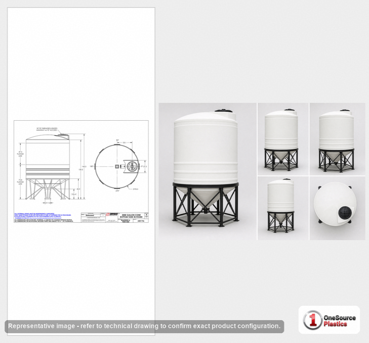 Dimensional spec drawing for Snyder Industries 3000 Gallon Cone Bottom Tank (95" L x 95" W x 120" H)