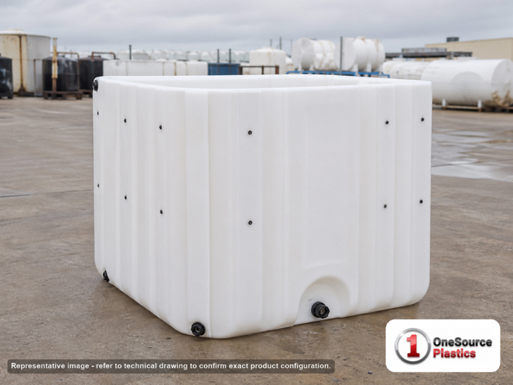 Snyder Industries 360 Gallon HDLPE Open Top Batch Storage Tank in White. High Density Linear Polyethylene; White; dimensions 53.0in H x 48.0in W x 48.0in L; 116.0 lb empty; 1.9 specific gravity rating. Manufacturer part number SII-57600VOT-45. Sold by OneSource Plastics (https://www.onesourceplastics.com).