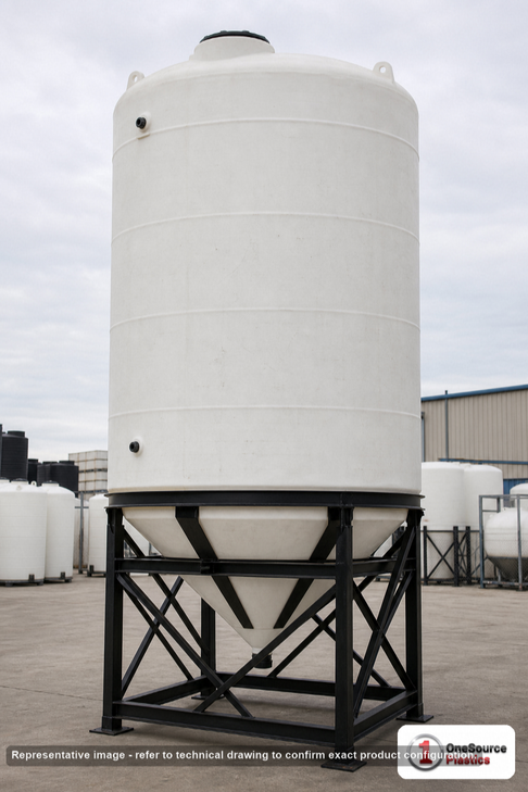 Snyder Industries 4,400 Gallon XLPE 30 degree Cone Bottom Tank in White 1.5 s.g.. 4400 gallon capacity; Polyethylene; White; dimensions 222.0in H x 90.0in W x 90.0in L; 1100.0 lb empty; 1.5 specific gravity rating; 30-degree cone bottom; fittings: 1 Manway / Lid; max temp 100 deg  F / 37 deg  C. Manufacturer part number 5200000n40. Manufactured by Snyder. Sold by OneSource Plastics (https://www.onesourceplastics.com).