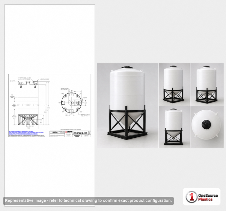Dimensional spec drawing for Snyder Industries 4400 Gallon Cone Bottom Tank (90" L x 90" W x 222" H)