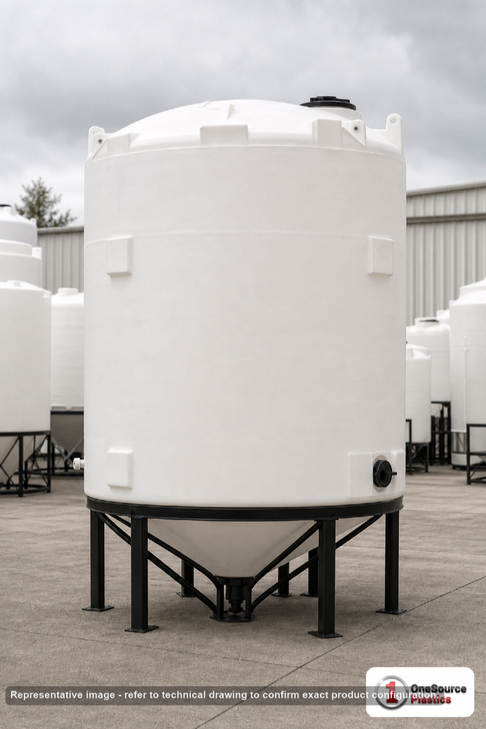 Snyder Industries 4600 Gallon 15 Degree Plastic Cone Bottom Tank. High Density Linear Polyethylene; White; dimensions 164.0in H x 102.0in W x 102.0in L; 470.0 lb empty; 1.5 specific gravity rating. Manufacturer part number SII-8050100N43. Sold by OneSource Plastics (https://www.onesourceplastics.com).