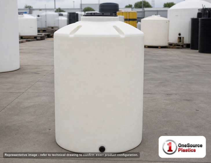 Chem-Tainer 500 Gallon Plastic Vertical Liquid Storage Tank. 500.0 gallon capacity; Polyethylene; dimensions 76.0in H x 48.0in W x 48.0in L; 115.0 lb empty; 1.5 specific gravity rating; fittings: 2". Manufacturer part number TC4876IC. Sold by OneSource Plastics (https://www.onesourceplastics.com).