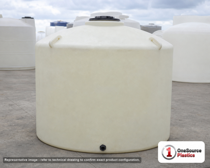 Chem-Tainer 500 Gallon Plastic Vertical Liquid Storage Tank. 500.0 gallon capacity; Polyethylene; dimensions 53.0in H x 63.0in W x 63.0in L; 110.0 lb empty; 1.5 specific gravity rating; fittings: 2". Manufacturer part number TC6353IC. Sold by OneSource Plastics (https://www.onesourceplastics.com).