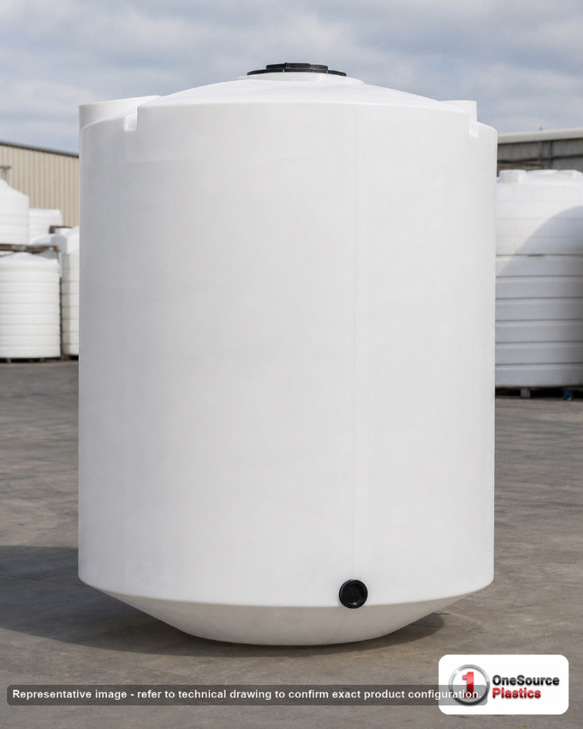 Snyder Industries 5000 Gallon 15 Degree Plastic Cone Bottom Tank. Polyethylene; White; dimensions 166.0in H x 102.0in W x 102.0in L; 1300.0 lb empty; 1.5 specific gravity rating. Manufacturer part number SII-8050200N45. Sold by OneSource Plastics (https://www.onesourceplastics.com).