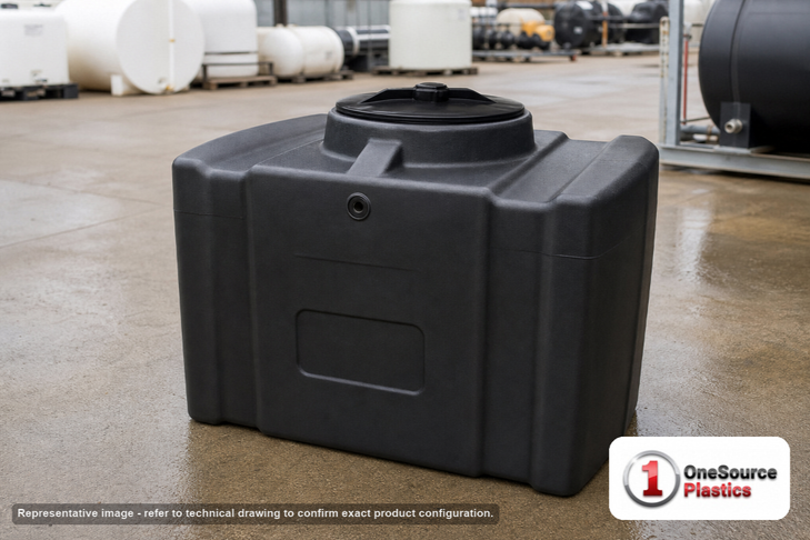 Chem-Tainer 55 Gallon Plastic Portable Flat Bottom Utility Tank in Black. 55 gallon capacity; Polyethylene; Black; 16" H x