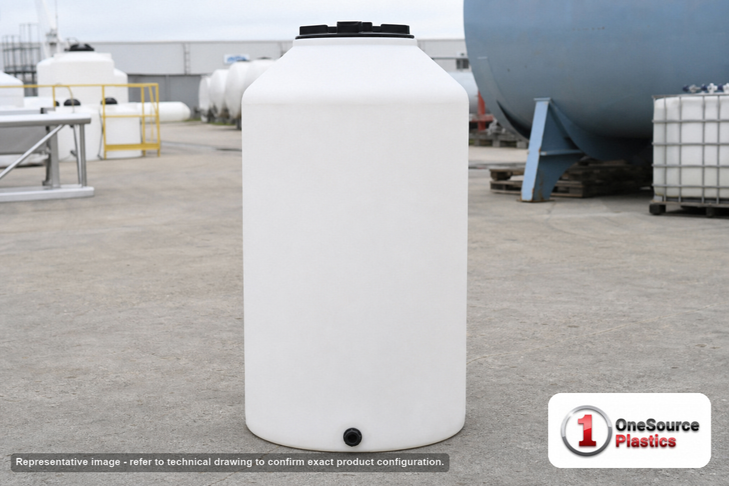Chem-Tainer 55 Gallon Plastic Vertical Liquid Storage Tank. 55.0 gallon capacity; Polyethylene; dimensions 38.0in H x 20.0in W x 20.0in L; 20.0 lb empty; 1.5 specific gravity rating; fittings: 1.5". Manufacturer part number TC2038IC. Sold by OneSource Plastics (https://www.onesourceplastics.com).