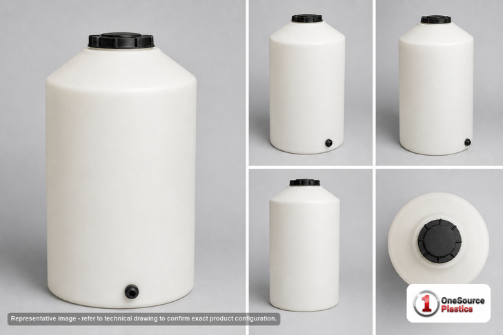 Dimensional spec drawing for Chem-Tainer 55 Gallon Vertical Tank (20" L x 20" W x 38" H)