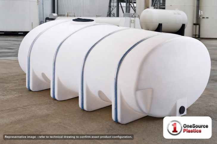 Chem-Tainer 550 Gallon Plastic Horizontal Leg Tank. 550 gallon capacity; Polyethylene; Natural White; 50" H x 48" W x 74" L