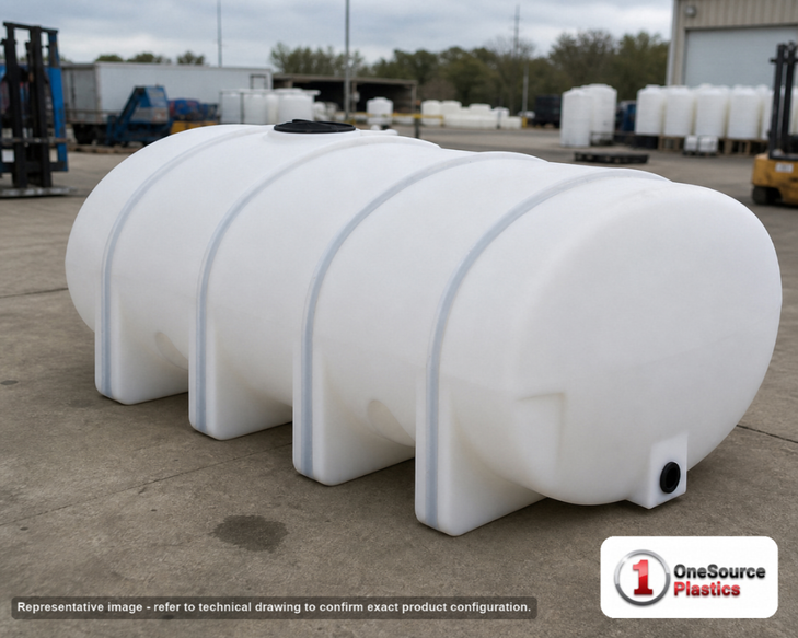 Chem-Tainer 550 Gallon Plastic Horizontal Leg Tank. 550 gallon capacity; Polyethylene; Natural White; 50" H x 48" W x 74" L