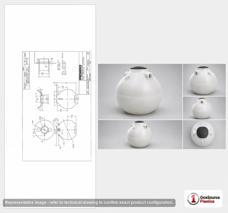 Dimensional spec drawing for Norwesco 550 Gallon Underground Tank (64" L x 64" W x 67" H)