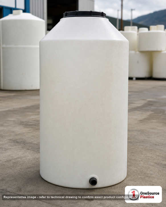 Chem-Tainer 65 Gallon Plastic Vertical Liquid Storage Tank. 65.0 gallon capacity; Polyethylene; dimensions 42.0in H x 23.0in W x 23.0in L; 21.0 lb empty; 1.5 specific gravity rating; fittings: 1.5". Manufacturer part number TC2342IC. Sold by OneSource Plastics (https://www.onesourceplastics.com).
