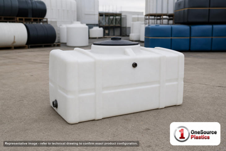 Chem-Tainer 70 Gallon Plastic Portable Utility Tank. 70.0 gallon capacity; Polyethylene; dimensions 18.0in H x 26.0in W x 42.0in L; 40.0 lb empty; 1.5 specific gravity rating; fittings: 0.75". Manufacturer part number TRANS75. Sold by OneSource Plastics (https://www.onesourceplastics.com).