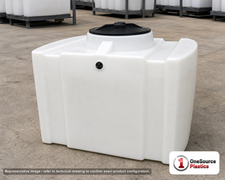 Chem-Tainer 70 Gallon Plastic Portable Utility Tank in White. 70.0 gallon capacity; Polyethylene; dimensions 18.0in H x 26.0in W x 42.0in L; 40.0 lb empty; 1.5 specific gravity rating; fittings: 0.75". Manufacturer part number TRANS75-1. Sold by OneSource Plastics (https://www.onesourceplastics.com).