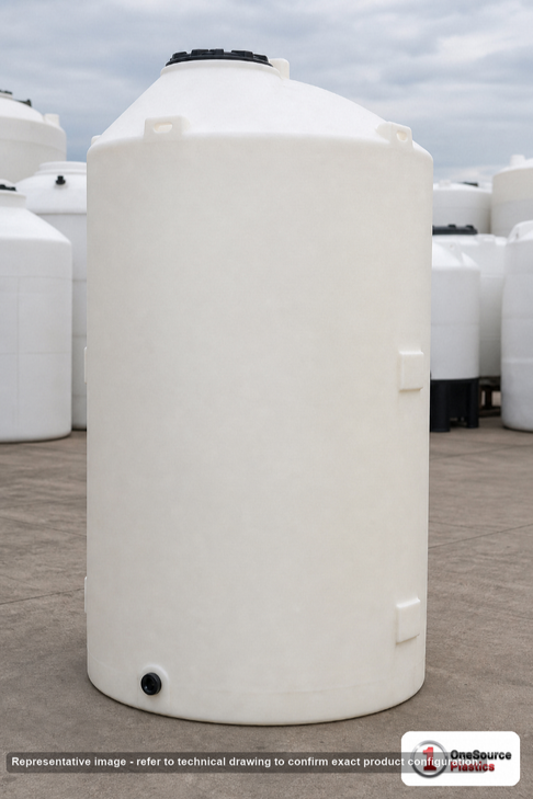 Chem-Tainer 850 Gallon Plastic Vertical Liquid Storage Tank. 850.0 gallon capacity; Polyethylene; dimensions 124.0in H x 48.0in W x 48.0in L; 200.0 lb empty; 1.5 specific gravity rating; fittings: 2". Manufacturer part number TC850XIC. Sold by OneSource Plastics (https://www.onesourceplastics.com).