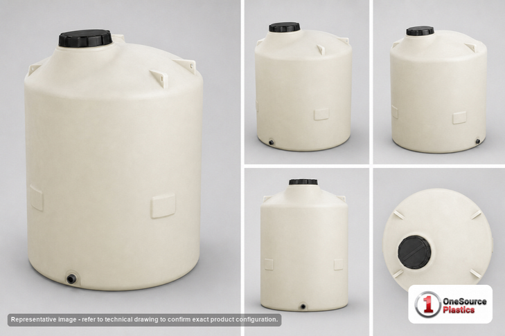 Dimensional spec drawing for Chem-Tainer 850 Gallon Vertical Tank (48" L x 48" W x 124" H)