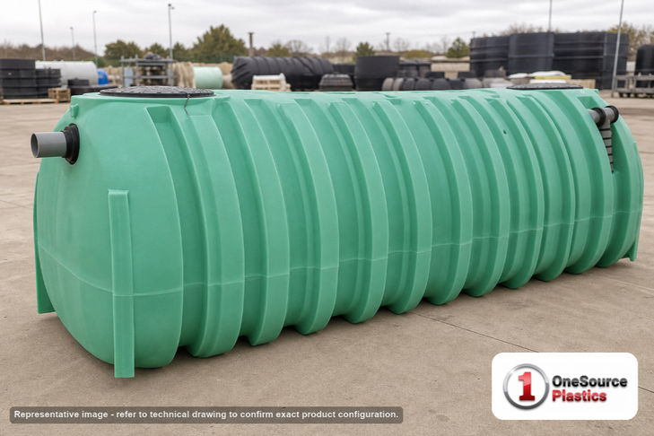 Norwesco 1500 Gallon Low Profile Septic Tank. 1500 gallon capacity; Polyethylene; Green; 51" H x 69" W x 157" L; fittings: 1