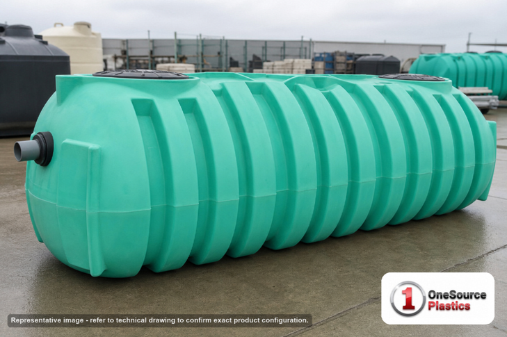 Norwesco 1250 Gallon Norwesco Low Profile Septic Tank. 1250 gallon capacity; Polyethylene; Green; dimensions 51.0in H x 60.0in W x 157.0in L; 416.0 lb empty; fittings: 1 Inlet , 1 Outlet , 2 Manway / Lid; max temp 130 deg  F / 54 deg  C; 5 Year Warranty. Manufacturer part number 43497. Manufactured by Norwesco. Sold by OneSource Plastics (https://www.onesourceplastics.com).