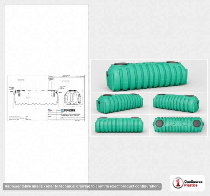 Dimensional spec drawing for Norwesco 1250 Gallon Low Profile Septic Tank (157" L x 60" W x 51" H)