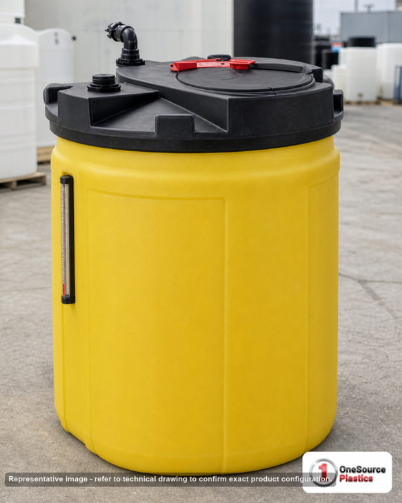 Snyder Industries 120 Gallon Used Oil Containmet Tank with Level Guage. High Density Linear Polyethylene; Yellow; dimensions 51.0in H x 34.0in W x 34.0in L; 100.0 lb empty; 1.9 specific gravity rating. Manufacturer part number SII-5700102N95704. Sold by OneSource Plastics (https://www.onesourceplastics.com).