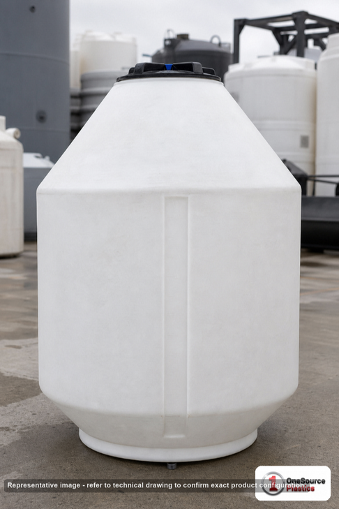 Chem-Tainer 150 Gallon Chem-Tainer Inductor Cone Bottom Tank. 150.0 gallon capacity; Polyethylene; Natural White; dimensions 66.0in H x 33.0in W x 33.0in L; 41.0 lb empty; 1.5 specific gravity rating; fittings: 2"; 3 Year Warranty. Manufacturer part number TC3366JC. Sold by OneSource Plastics (https://www.onesourceplastics.com).