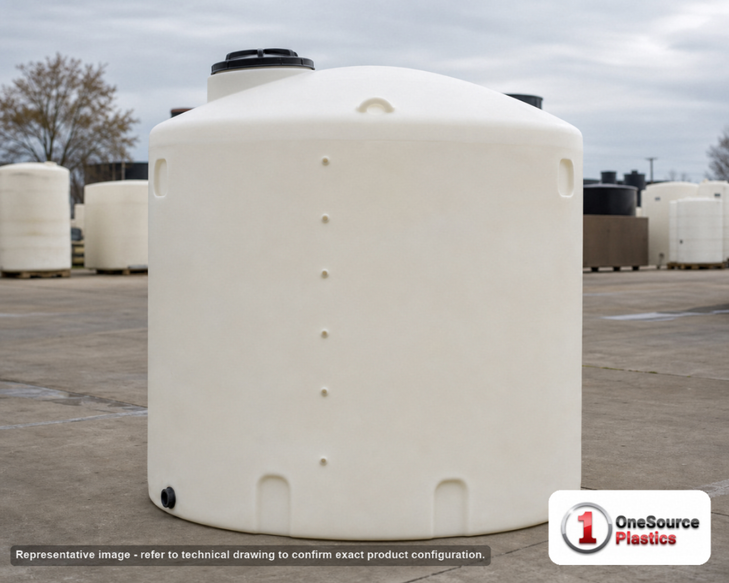 Chem-Tainer 3000 Gallon Plastic Vertical Liquid Storage Tank. 3000.0 gallon capacity; Polyethylene; White; dimensions 107.0in H x 95.0in W x 95.0in L; 400.0 lb empty; 1.5 specific gravity rating; fittings: 2". Manufacturer part number TC3000IC. Sold by OneSource Plastics (https://www.onesourceplastics.com).