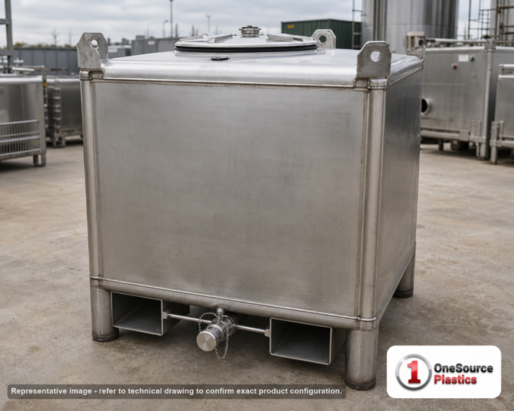 Snyder Industries 350 Gallon Side Drain SS 304 LiquiTote Tank with 3" Fusible Vent. Stainless Steel; Silver; 51" H x 42" W x