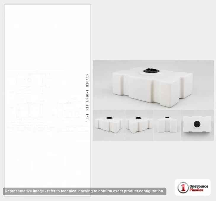 Dimensional spec drawing for Snyder Industries 50 Gallon Portable Tank (38" L x 19" W x 23" H)