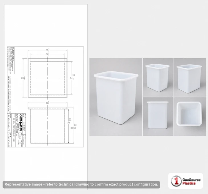 Dimensional spec drawing for Chem-Tainer 90 Gallon Rectangular Open Top Tank (24" L x 24" W x 36" H)