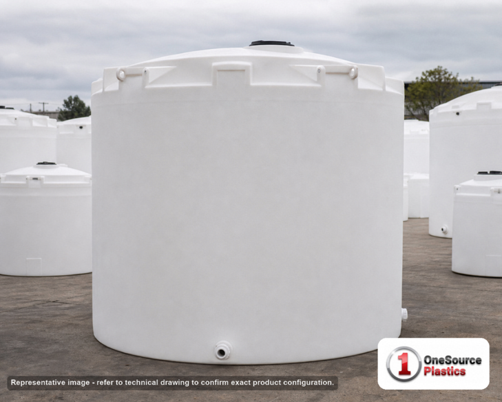 Snyder Industries 8000 Gallon XLPE Vertical Liquid Storage Tank 1.9 S.G. with ASTM Certification in White. Cross-Linked Polyethylene; White; dimensions 186.0in H x 120.0in W x 120.0in L; 2300.0 lb empty; 1.9 specific gravity rating. Manufacturer part number SII-53000600N42. Sold by OneSource Plastics (https://www.onesourceplastics.com).