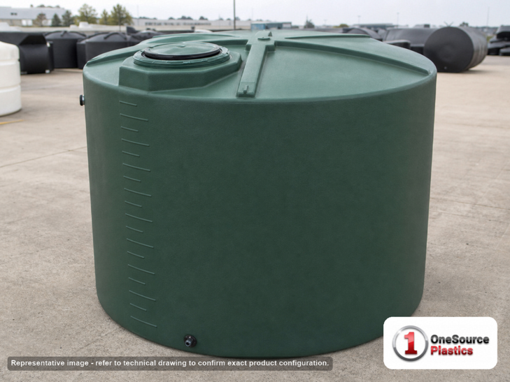 Bushman 3000 Gallon Green Vertical Water Storage Tank. Polyethylene; Green; dimensions 97.5in H x 102.0in W x 102.0in L; 413.0 lb empty; 1.0 specific gravity rating; fittings: 1 Inlet , 1 Outlet , 1 Manway / Lid; max temp 120 deg  F / 48 deg  C; 3 Year Warranty. Manufacturer part number 45833. Sold by OneSource Plastics (https://www.onesourceplastics.com).
