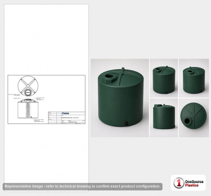 Dimensional spec drawing for Bushman 3000 Gallon Vertical Water Tank (102" L x 102" W x 97.5" H)