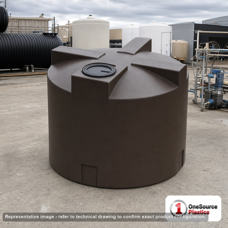Bushman 1500 Gallon Dark Brown Vertical Water Storage Tank. 1500 gallon capacity; Polyethylene; Dark Brown; dimensions 63.0in H x 94.0in W x 94.0in L; 210.0 lb empty; 1.0 specific gravity rating; fittings: 1 Inlet , 1 Outlet , 1 Manway / Lid; max temp 120 deg  F / 48 deg  C; 3 Year Warranty. Manufacturer part number 30379. Manufactured by Bushman. Sold by OneSource Plastics (https://www.onesourceplastics.com).