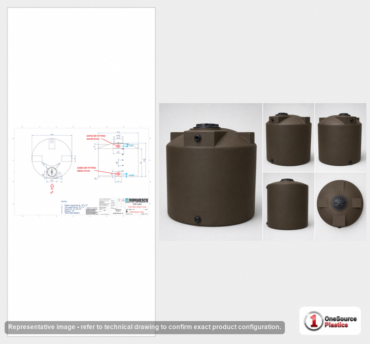 Dimensional spec drawing for Bushman 1000 Gallon Vertical Water Tank (75" L x 75" W x 65" H)