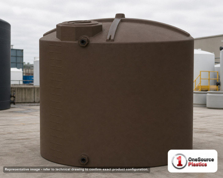 Bushman 3000 Gallon Dark Brown Vertical Water Storage Tank. Polyethylene; Dark Brown; dimensions 97.5in H x 102.0in W x 102.0in L; 413.0 lb empty; 1.0 specific gravity rating; fittings: 1 Inlet , 1 Outlet , 1 Manway / Lid; max temp 120 deg  F / 48 deg  C; 3 Year Warranty. Manufacturer part number 45842. Sold by OneSource Plastics (https://www.onesourceplastics.com).