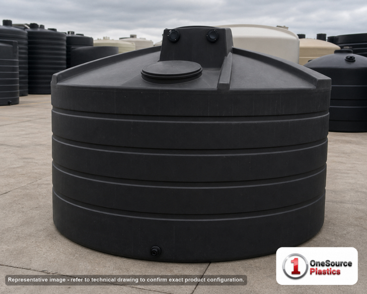 Bushman 5050 Gallon Black Rainwater Collection Storage Tank. 5050 gallon capacity; Polyethylene; Black; 96" H x 129" W x
