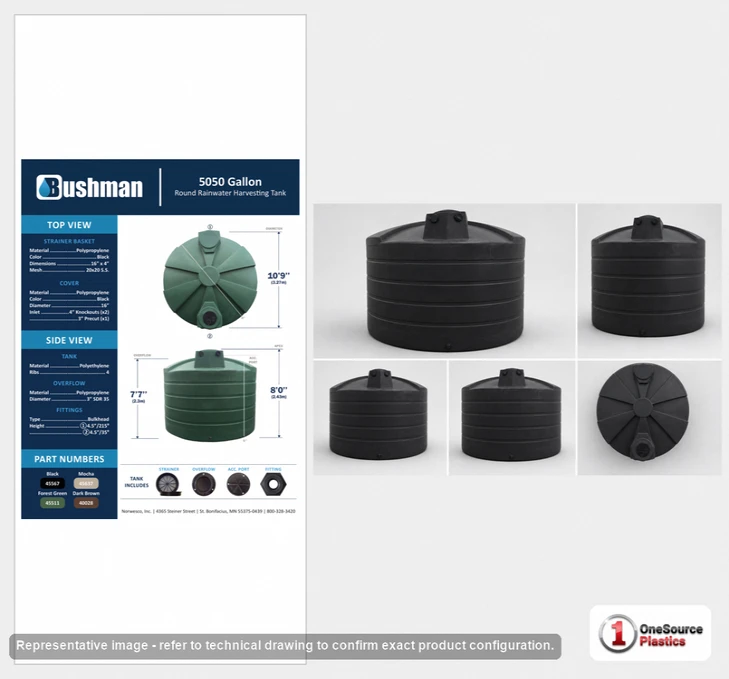 Dimensional spec drawing for Bushman 5050 Gallon Rainwater Tank (129" L x 129" W x 96" H)
