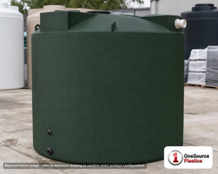 Bushman 2500 Gallon Dark Green Rainwater Collection Tank. Polyethylene; Dark Green; 95" H x 96" W x 96" L; fittings: 1