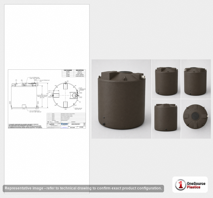 Dimensional spec drawing for Bushman 2500 Gallon Rainwater Tank (96" L x 96" W x 95" H)