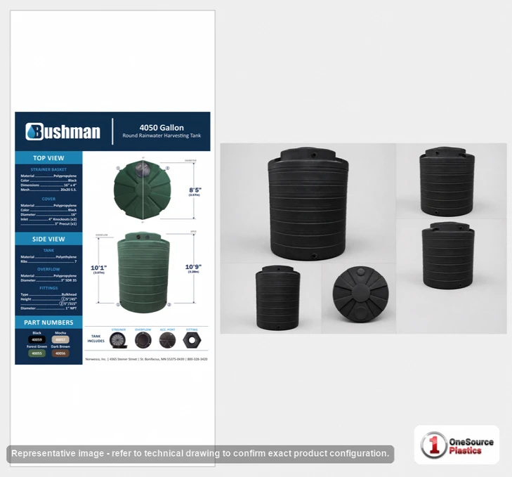 Dimensional spec drawing for Bushman 4050 Gallon Rainwater Tank (101" L x 101" W x 129" H)