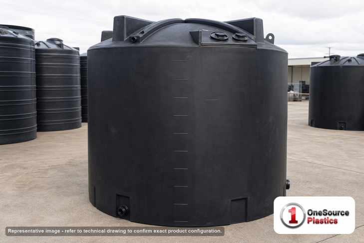 Bushman 5000 Gallon Black Rainwater Collection Tank. Polyethylene; Black; 161" H x 102" W x 102" L; fittings: 1 Inlet, 2