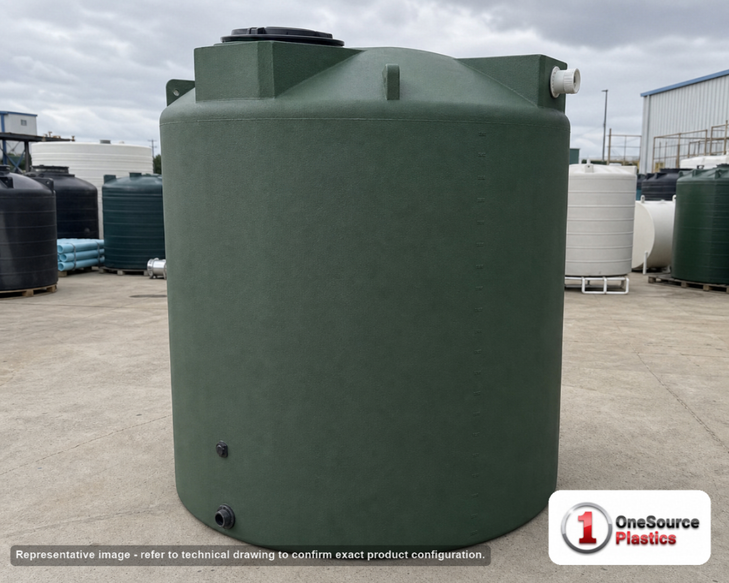 Bushman 3000 Gallon Green Rainwater Collection Storage Tank. Polyethylene; Dark Green; dimensions 113.0in H x 96.0in W x 96.0in L; 415.0 lb empty; 1.0 specific gravity rating; fittings: 1 Inlet , 2 Outlets , 1 Manway / Lid; max temp 120 deg  F / 48 deg  C; 3 Year Warranty. Manufacturer part number 42858. Manufactured by Bushman. Sold by OneSource Plastics (https://www.onesourceplastics.com).