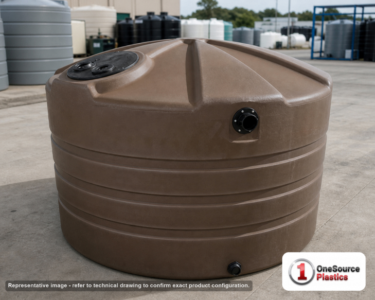 Bushman 730 Gallon Dark Brown Rainwater Collection Storage Tank. Polyethylene; Dark Brown; dimensions 56.0in H x 74.0in W x 74.0in L; 180.0 lb empty; 1.0 specific gravity rating; fittings: 1 Manway / Lid, 3 Outlets, 1 Inlet; max temp 120 deg  F / 48 deg  C; 3 Year Warranty. Manufacturer part number 40030. Manufactured by Bushman. Sold by OneSource Plastics (https://www.onesourceplastics.com).