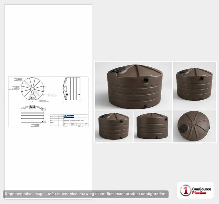 Dimensional spec drawing for Bushman 730 Gallon Rainwater Tank (74" L x 74" W x 56" H)