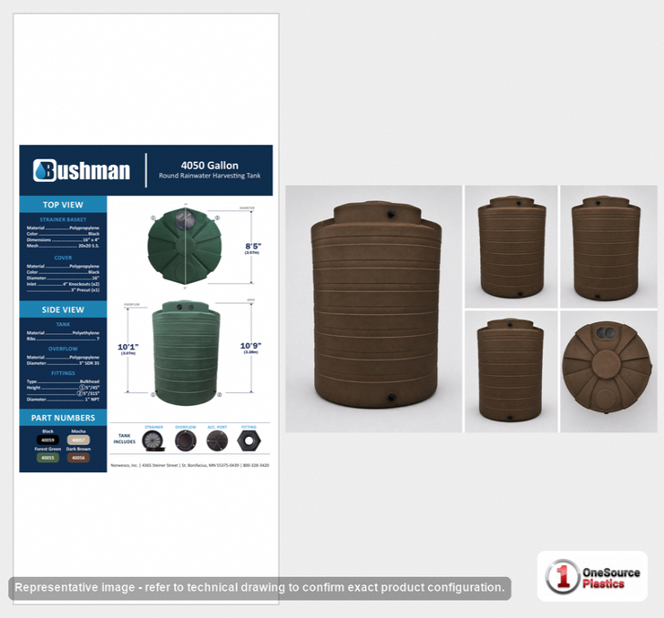 Dimensional spec drawing for Bushman 4050 Gallon Rainwater Tank (101" L x 101" W x 129" H)