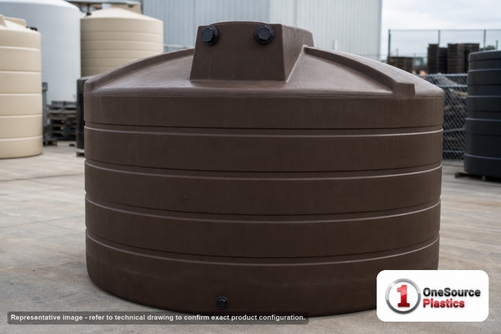 Bushman 5050 Gallon Dark Brown Rainwater Collection Storage Tank. 5050 gallon capacity; Polyethylene; Dark Brown; dimensions 96.0in H x 129.0in W x 129.0in L; 700.0 lb empty; 1.0 specific gravity rating; fittings: 1 Manway / Lid, 3 Outlets, 1 Inlet; max temp 120 deg  F / 48 deg  C; 3 Year Warranty. Manufacturer part number 40028. Manufactured by Norwesco. Sold by OneSource Plastics (https://www.onesourceplastics.com).