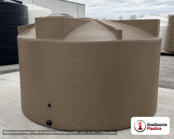 Bushman 5000 Gallon Mocha Rainwater Collection Tank. Polyethylene; Mocha; dimensions 92.0in H x 140.0in W x 140.0in L; 800.0 lb empty; 1.0 specific gravity rating; fittings: 1 Inlet , 2 Outlets , 1 Manway / Lid; max temp 120 deg  F / 48 deg  C; 3 Year Warranty. Manufacturer part number 30826. Manufactured by Bushman. Sold by OneSource Plastics (https://www.onesourceplastics.com).