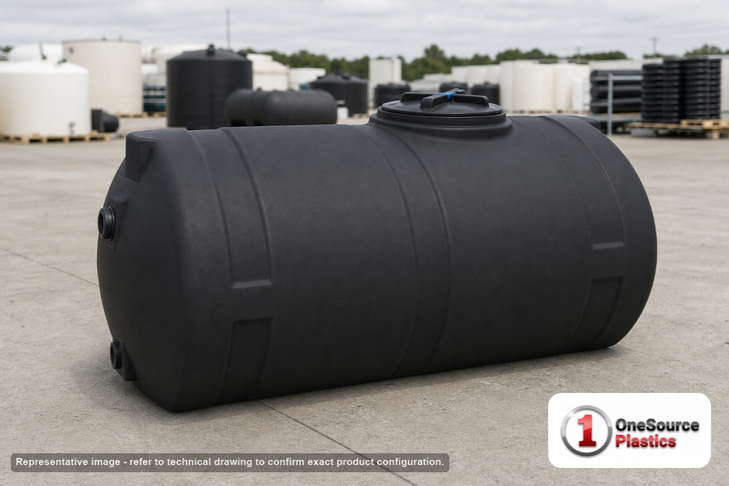 Norwesco 500 Gallon Black Elliptical Tank. Polyethylene; Black; 44" H x 57" W x 82" L; fittings: 1 Inlet, 1 Outlet, 1 Manway