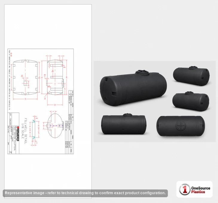 Dimensional spec drawing for Norwesco 500 Gallon Elliptical Tank (82" L x 57" W x 44" H)